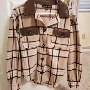 Plaid Button-Up Shacket with Faux Leather Accents